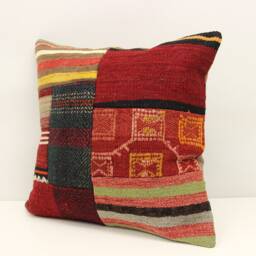 Handmade Patchwork Kilim Pillow Cover, Turkish Woven Accent - 18x18 Inch - thumbnail 3