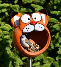 Handmade Ceramic Cat Bird Feeder Garden Stake