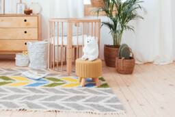 Soft Area Rug 6.5x5Ft, Grey & White With Asymmetric Yellow, Blue, Green Accent. Chevron Pattern Small Carpet Made Of Wool