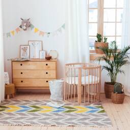 Soft Area Rug 6.5x5Ft, Grey & White With Asymmetric Yellow, Blue, Green Accent. Chevron Pattern Small Carpet Made Of Wool - thumbnail 3