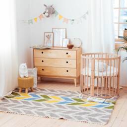 Soft Area Rug 6.5x5Ft, Grey & White With Asymmetric Yellow, Blue, Green Accent. Chevron Pattern Small Carpet Made Of Wool - thumbnail 2
