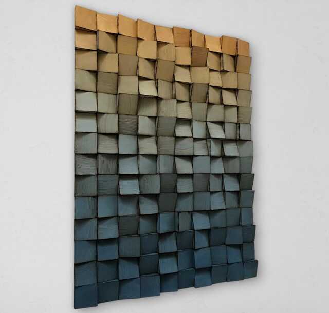 Wood Wall Art - Handmade Sound Diffuser Blue Gold Decor - image 1