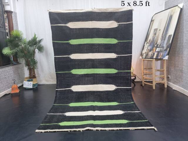 Moroccan Wool Rug, Handmade Moroccan Rug 5x8, Flatweave Rug, Zanafi Abstract Black & Pistachio Sheep Wool Berber Area - image 1
