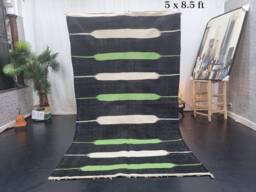 Moroccan Wool Rug, Handmade Moroccan Rug 5x8, Flatweave Rug, Zanafi Abstract Black & Pistachio Sheep Wool Berber Area - thumbnail 1