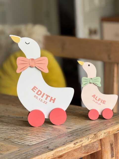 Wooden Goose Baby Name & Date Decor/ Pull Along Ducks/ Birth Decoration/ Sibling Gift - image 1