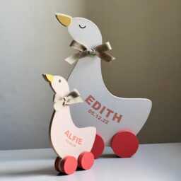 Wooden Goose Baby Name & Date Decor/ Pull Along Ducks/ Birth Decoration/ Sibling Gift - thumbnail 2