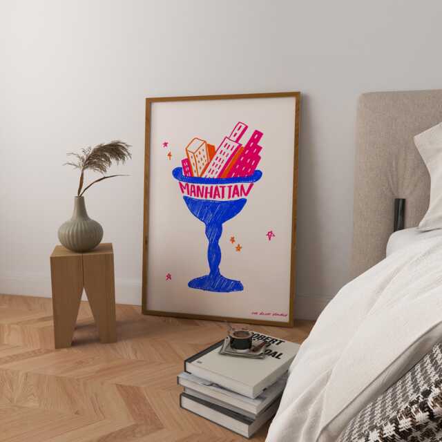 Manhattan Cocktail Illustration Art Print, Mid Century Modern Kitchen Decor - image 1