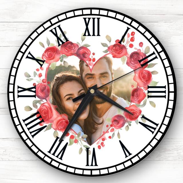 Heart Red Roses Photo Valentine's Day Gift Anniversary Personalised Clock - image 1