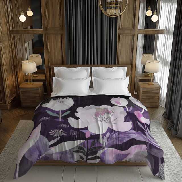 Dark Purple Moody Floral Comforter, Whimsical Abstract Flowers Garden Bedding, Botanical Bedding Gift For Eclectic Bedroom Decor #240 - image 1