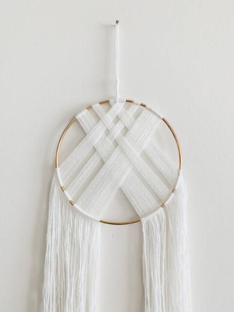 White Yarn Macrame Wall Hanging, Gold Hoop Decor - image 1
