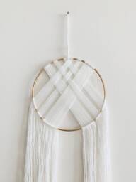 White Yarn Macrame Wall Hanging, Gold Hoop Decor - thumbnail 1