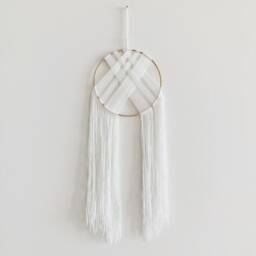White Yarn Macrame Wall Hanging, Gold Hoop Decor - thumbnail 2