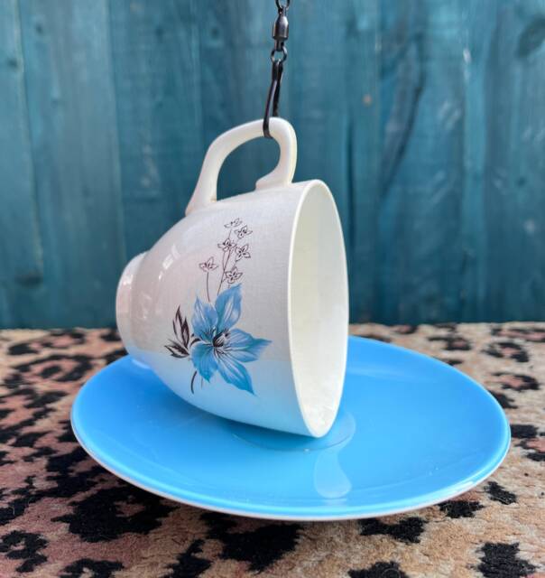 Tea Cup Bird Feeder Using Upcycled Teacup & Saucer With Chain. Funky Garden Decor.garden Decor - image 1
