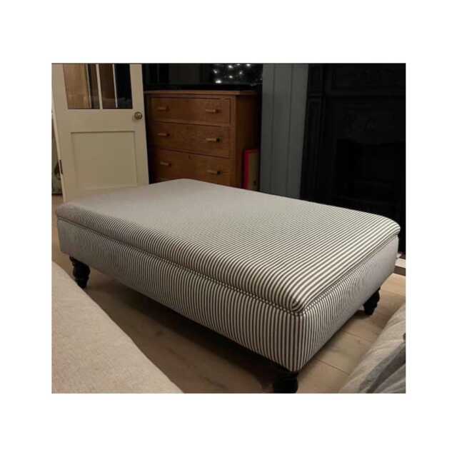 Ticking Fabric Ottoman Footstool - Mahogany Legs, Handmade - image 1