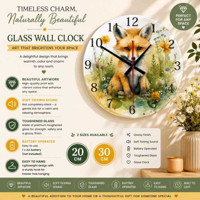 Fox Wreath Glass Wall Clock - Quiet Ticking, 20cm/30cm Woodland Decor - image 1