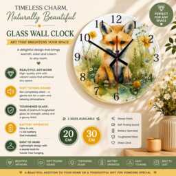 Fox Wreath Glass Wall Clock - Quiet Ticking, 20cm/30cm Woodland Decor - thumbnail 1