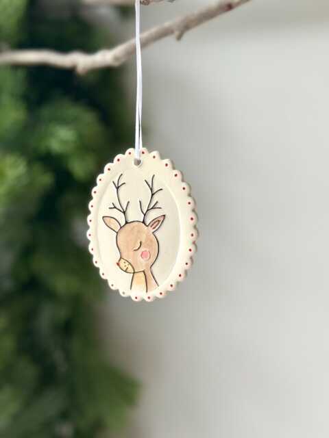 Reindeer Christmas Ornament, Handmade Ceramic Portrait Decoration - image 1
