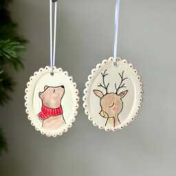 Reindeer Christmas Ornament, Handmade Ceramic Portrait Decoration - thumbnail 2