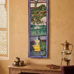 Hand Painted Peacock Garden Scroll - One Of A Kind Freehand Fabric Wall Art - thumbnail 4