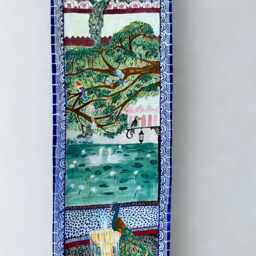 Hand Painted Peacock Garden Scroll - One Of A Kind Freehand Fabric Wall Art - thumbnail 3