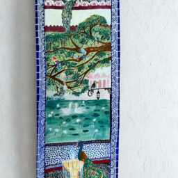 Hand Painted Peacock Garden Scroll - One Of A Kind Freehand Fabric Wall Art - thumbnail 2