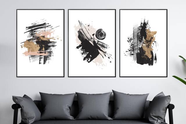 Abstract Brush Stroke Prints Black, White, Gold, Blush Wall Art - image 1