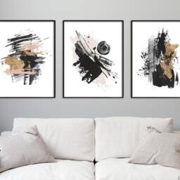 Abstract Brush Stroke Prints Black, White, Gold, Blush Wall Art - thumbnail 3