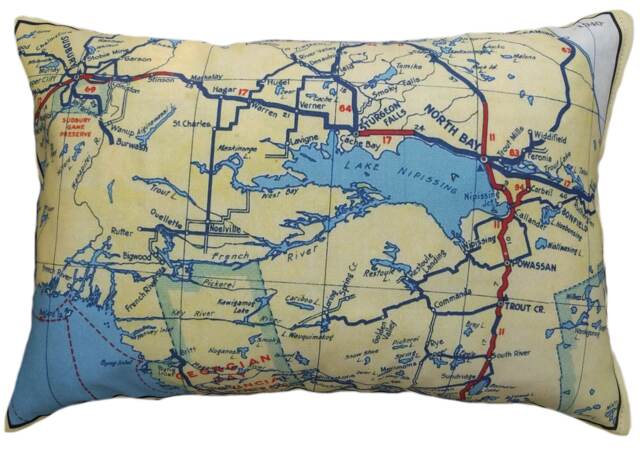 French River/Nippissing Area Vintage Map Pillow - Free Shipping - image 1