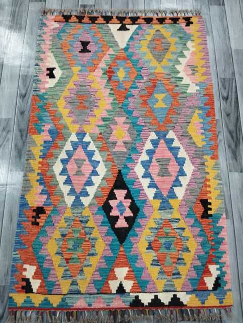 Multicolour Rug, Handmade Artisan Afghan Turkish Scandinavian Navajo Bohemian Flatweave Wool Kilim 157x98 cm - image 1