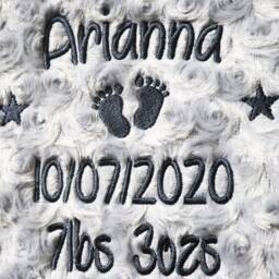 Personalised Baby Blanket Luxury Rosebud Style Grey Round Font Name Date Weight Print - thumbnail 2
