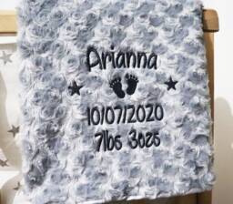 Personalised Baby Blanket Luxury Rosebud Style Grey Round Font Name Date Weight Print