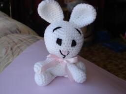 Bunny Rabbit Crocheted With Pink Satin Ribbon, Baby Gift, Easter Newborn Shower Cot Toy