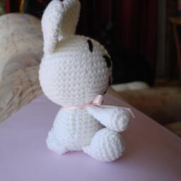 Bunny Rabbit Crocheted With Pink Satin Ribbon, Baby Gift, Easter Newborn Shower Cot Toy - thumbnail 3