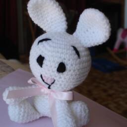 Bunny Rabbit Crocheted With Pink Satin Ribbon, Baby Gift, Easter Newborn Shower Cot Toy - thumbnail 2