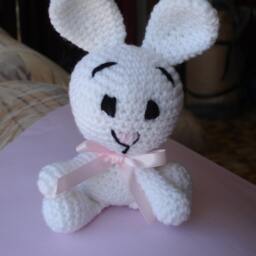 Bunny Rabbit Crocheted With Pink Satin Ribbon, Baby Gift, Easter Newborn Shower Cot Toy - thumbnail 4