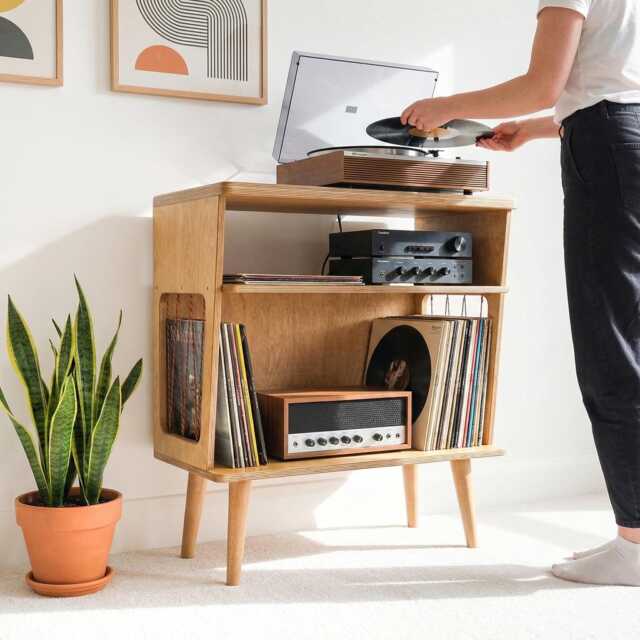 Mid Century Modern Birch Plywood Record Player Stand, Wooden Vinyl Storage - image 1