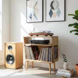 Mid Century Modern Birch Plywood Record Player Stand, Wooden Vinyl Storage - thumbnail 4
