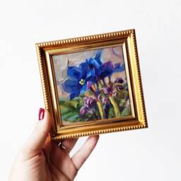 Sorella Regalo A Lunga Distanza Dipinto Ad Olio Viola Originale Cornice Blu, Piccola Parete Floreale D'arte Incorniciata Appesa 4x4 - thumbnail 3