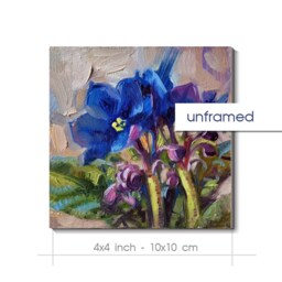 Sorella Regalo A Lunga Distanza Dipinto Ad Olio Viola Originale Cornice Blu, Piccola Parete Floreale D'arte Incorniciata Appesa 4x4 - thumbnail 2