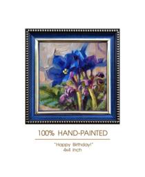 Sorella Regalo A Lunga Distanza Dipinto Ad Olio Viola Originale Cornice Blu, Piccola Parete Floreale D'arte Incorniciata Appesa 4x4 - thumbnail 1