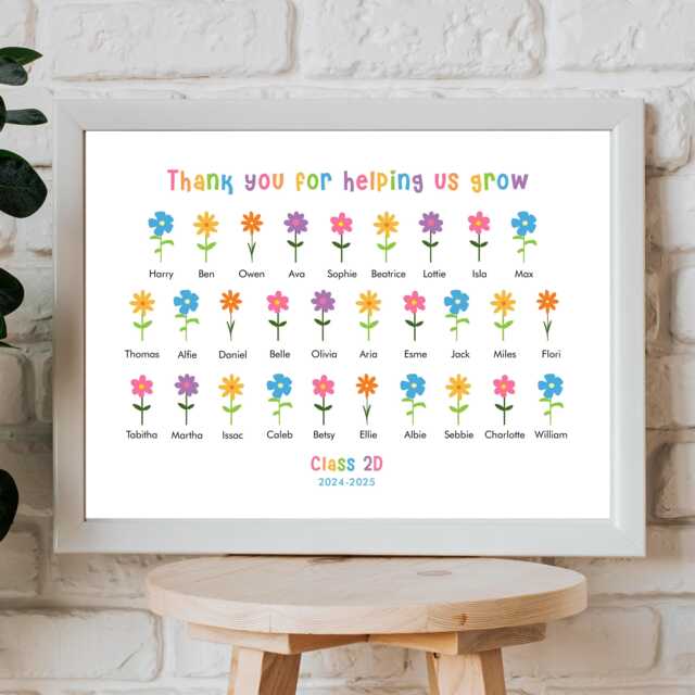 Personalised Class Print. Flowers With Class Names. Teacher/Teaching Assistant Gift. Thank You For Helping Us Grow