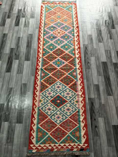 Tribal Runner Rug, Handmade Artisan Afghan Turkish, Scandinavian, Navajo, Bohemian Flatweave, Natural Wool Kilim Rug 302x81 cm - image 1