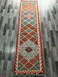 Tribal Runner Rug, Handmade Artisan Afghan Turkish, Scandinavian, Navajo, Bohemian Flatweave, Natural Wool Kilim Rug 302x81 cm - thumbnail 1