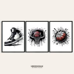 Basketball Print Set - Of 3 Posters - Teen Room Decor Art Boys Bedroom Watercolour Wall Artwork Poster Design - thumbnail 1