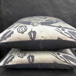 Luxury Designer Black Taupe Silk Satin Woven Floral Cushion Pillow Cover - thumbnail 3