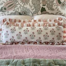 Floral Linen Cushion Cover With Ruffle, Handmade Lumbar Bolster Cushion, Country Cottage Decor