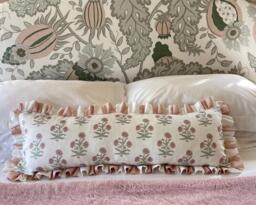 Floral Linen Cushion Cover With Ruffle, Handmade Lumbar Bolster Cushion, Country Cottage Decor