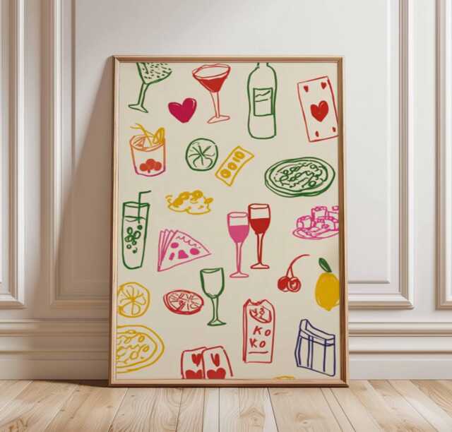 Playful Cocktail & Pizza Poster, Retro Bar Wall Art With Colorful Drinks Food Icons, Fun Kitchen Party Decor Print - image 1