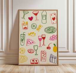 Playful Cocktail & Pizza Poster, Retro Bar Wall Art With Colorful Drinks Food Icons, Fun Kitchen Party Decor Print - thumbnail 1