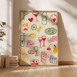 Playful Cocktail & Pizza Poster, Retro Bar Wall Art With Colorful Drinks Food Icons, Fun Kitchen Party Decor Print - thumbnail 2